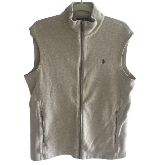 POLO Ralph Lauren Tan Pony Logo Full Zip Cotton Sweater Vest Men’s Size Medium - Picture 1 of 5